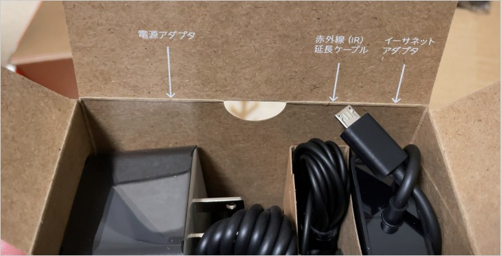 Fire TV Cubeの付属品の箱を開けると解りやすく表示されています。